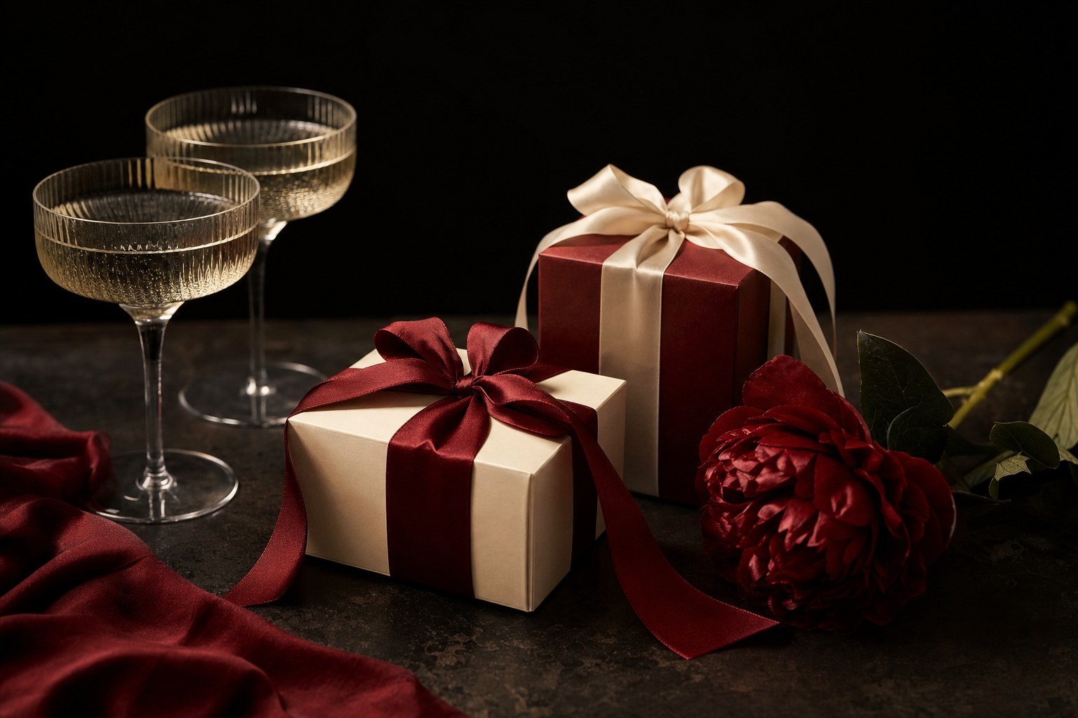 Wrapped gifts and champagne coupes arranged for a couple
