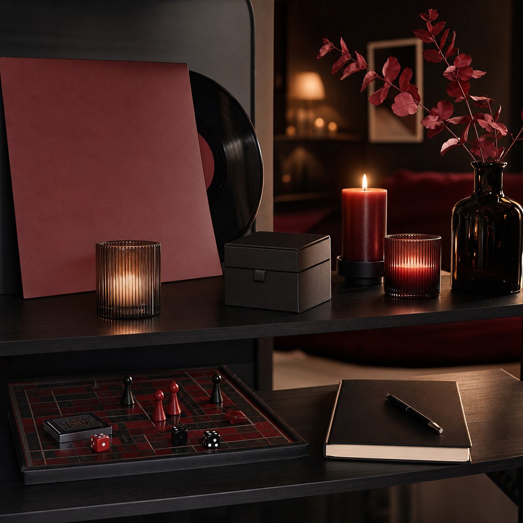 Candles, a game board, a record, and a surprise box arranged for an at-home date night