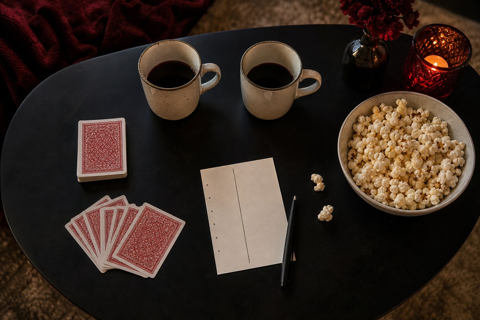 Cards, coffee, popcorn, and a blank note card arranged for a game night at home