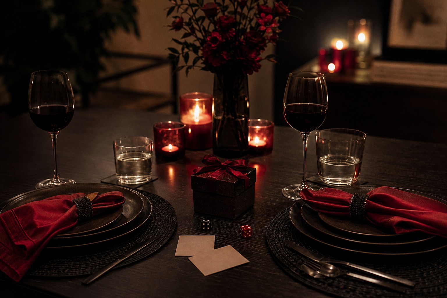 Candlelit at-home date night table with a wrapped surprise and dice