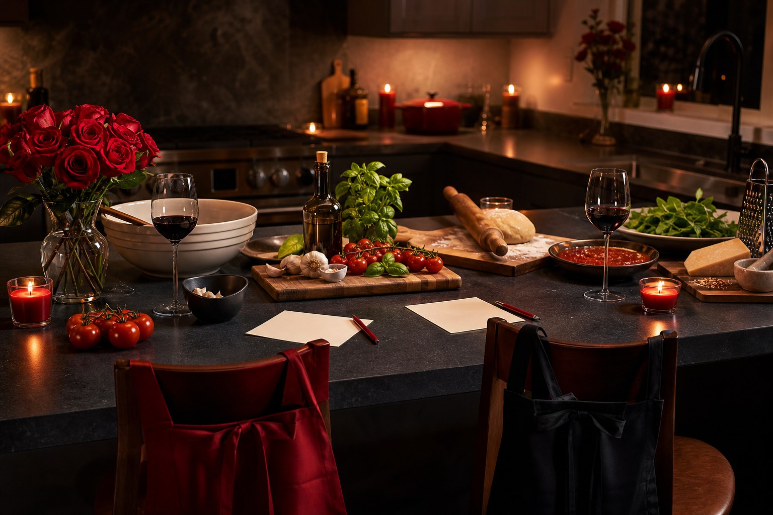 Candlelit kitchen set for cooking an at-home date night meal together