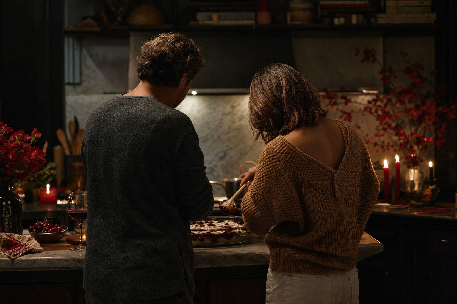 Couple preparing dessert together in a candlelit kitchen