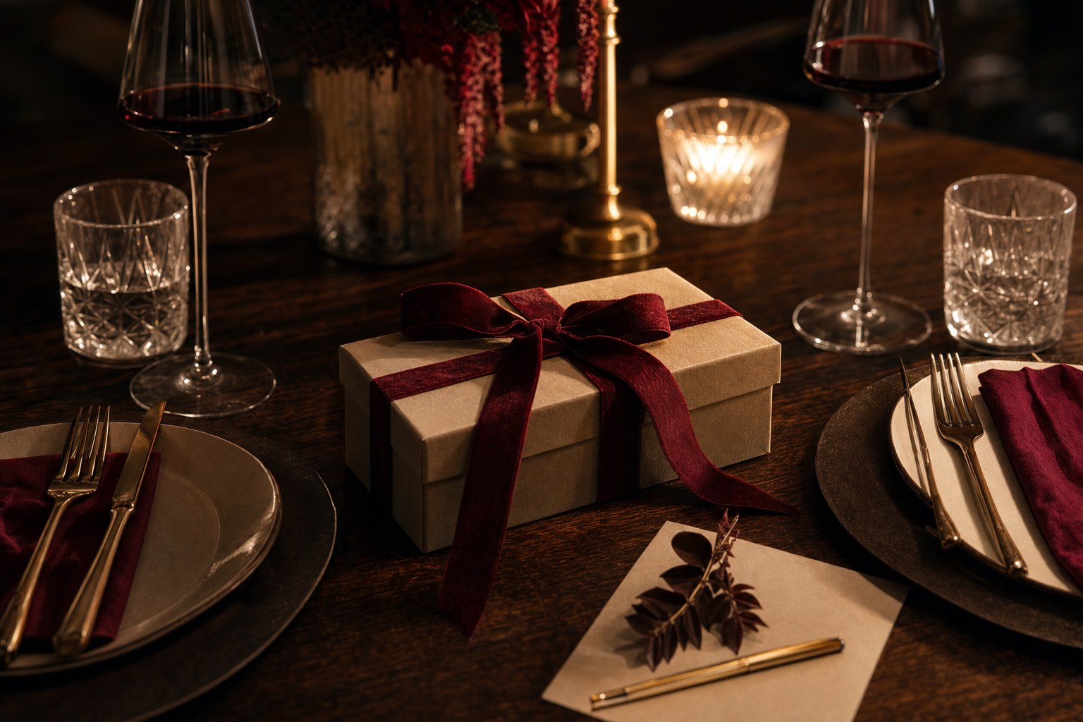 A wrapped gift set for two at a candlelit dinner table