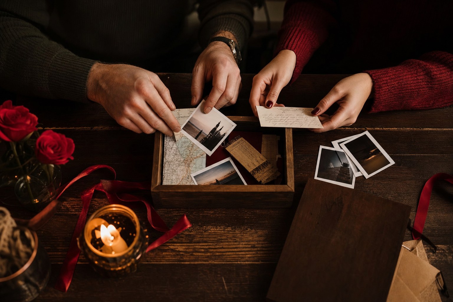 A shared memory box with photos and keepsakes on a table