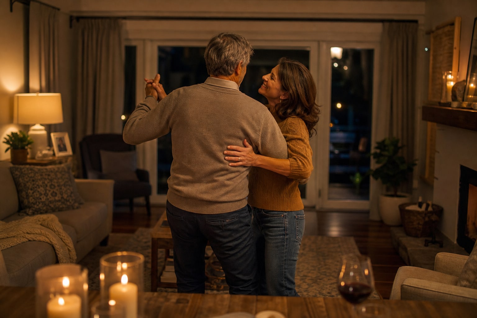 Long-married couple dancing together at home by candlelight