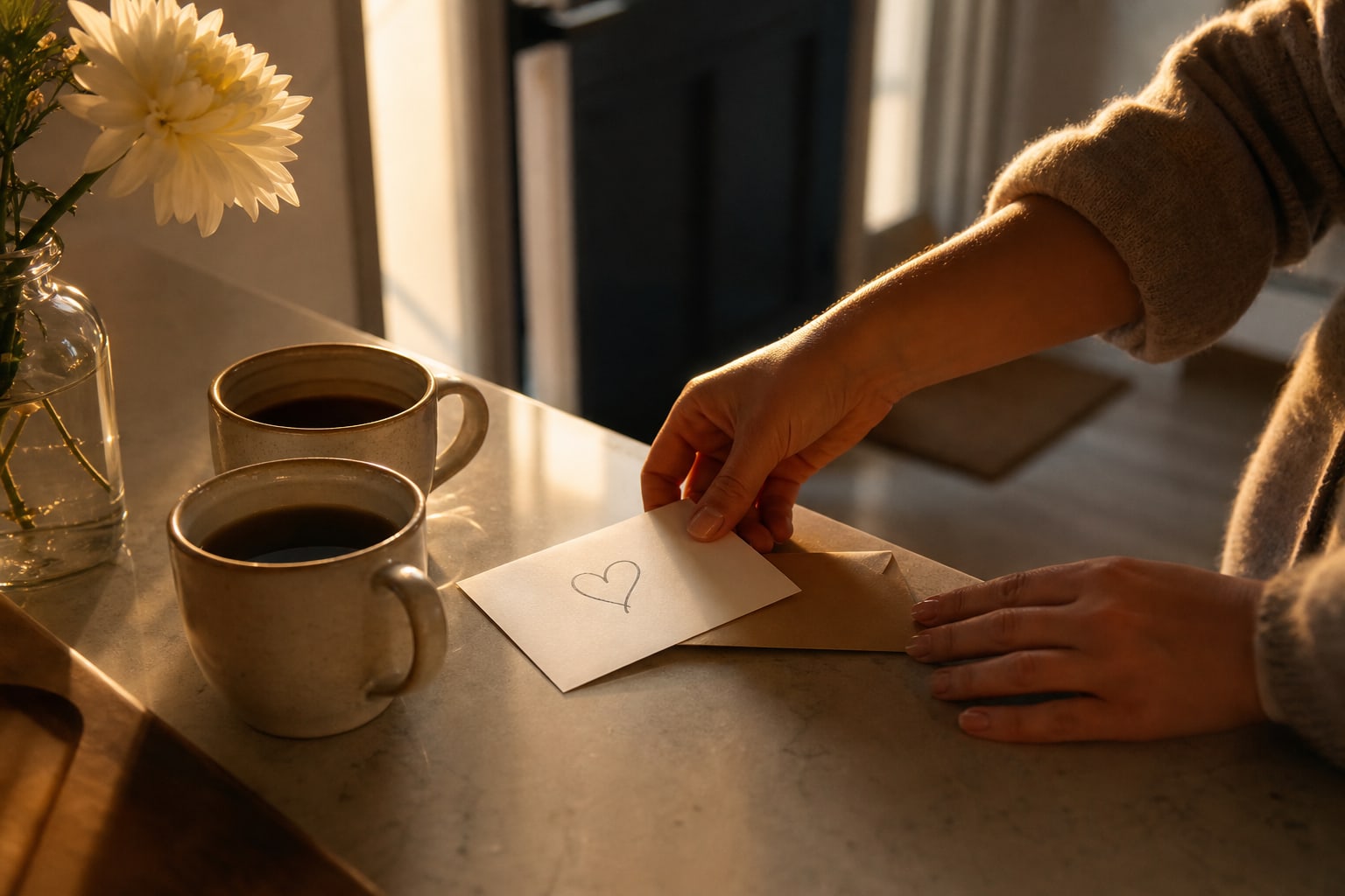 A handwritten note, two coffee cups, and a flower arranged for a small surprise at home