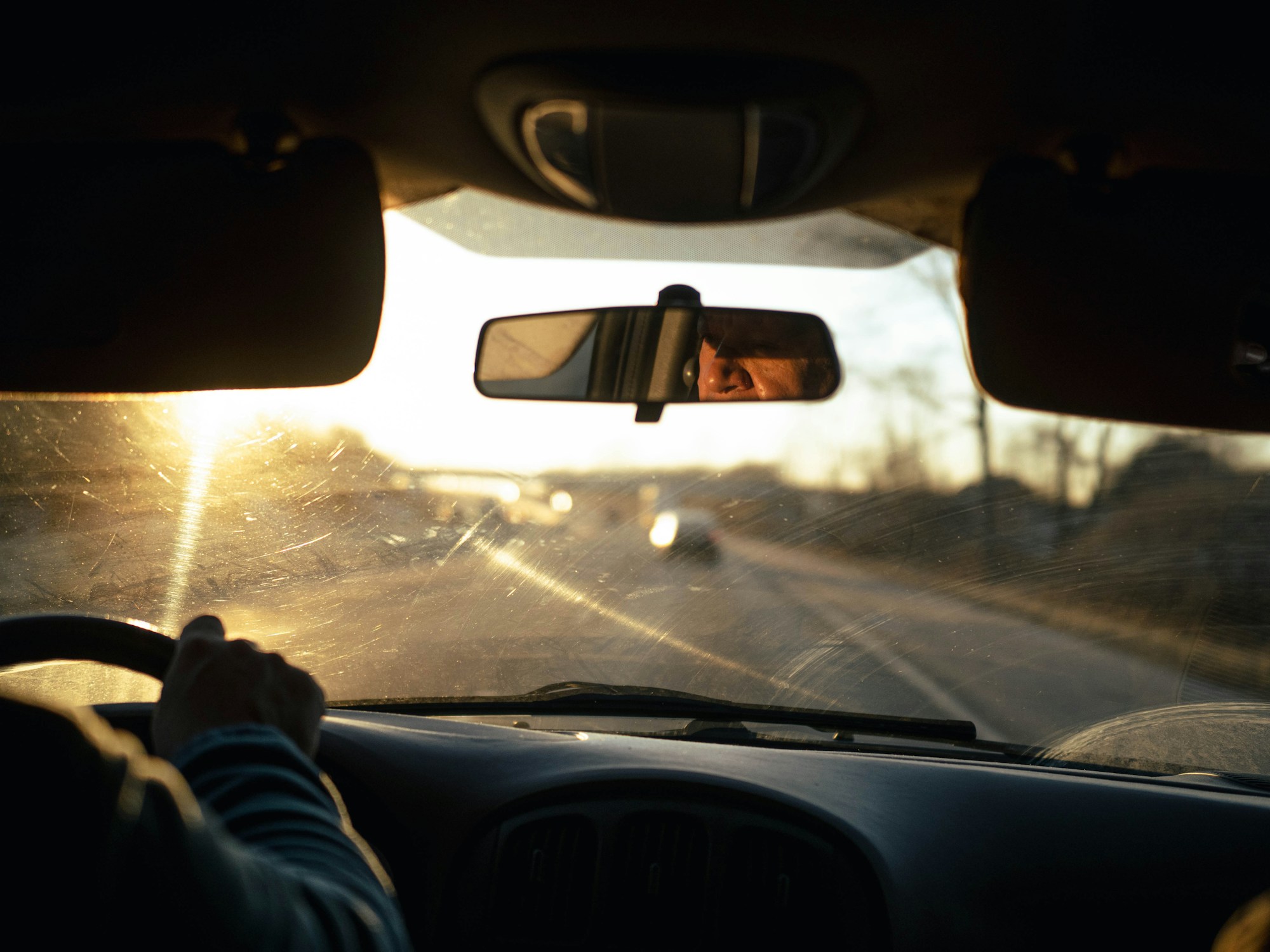 Low sun shining through a windshield with subtle glare