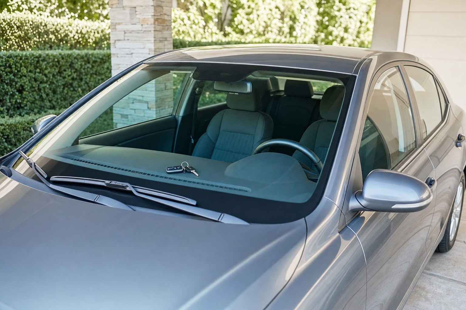 Parked sedan with a clear windshield ready to drive after service