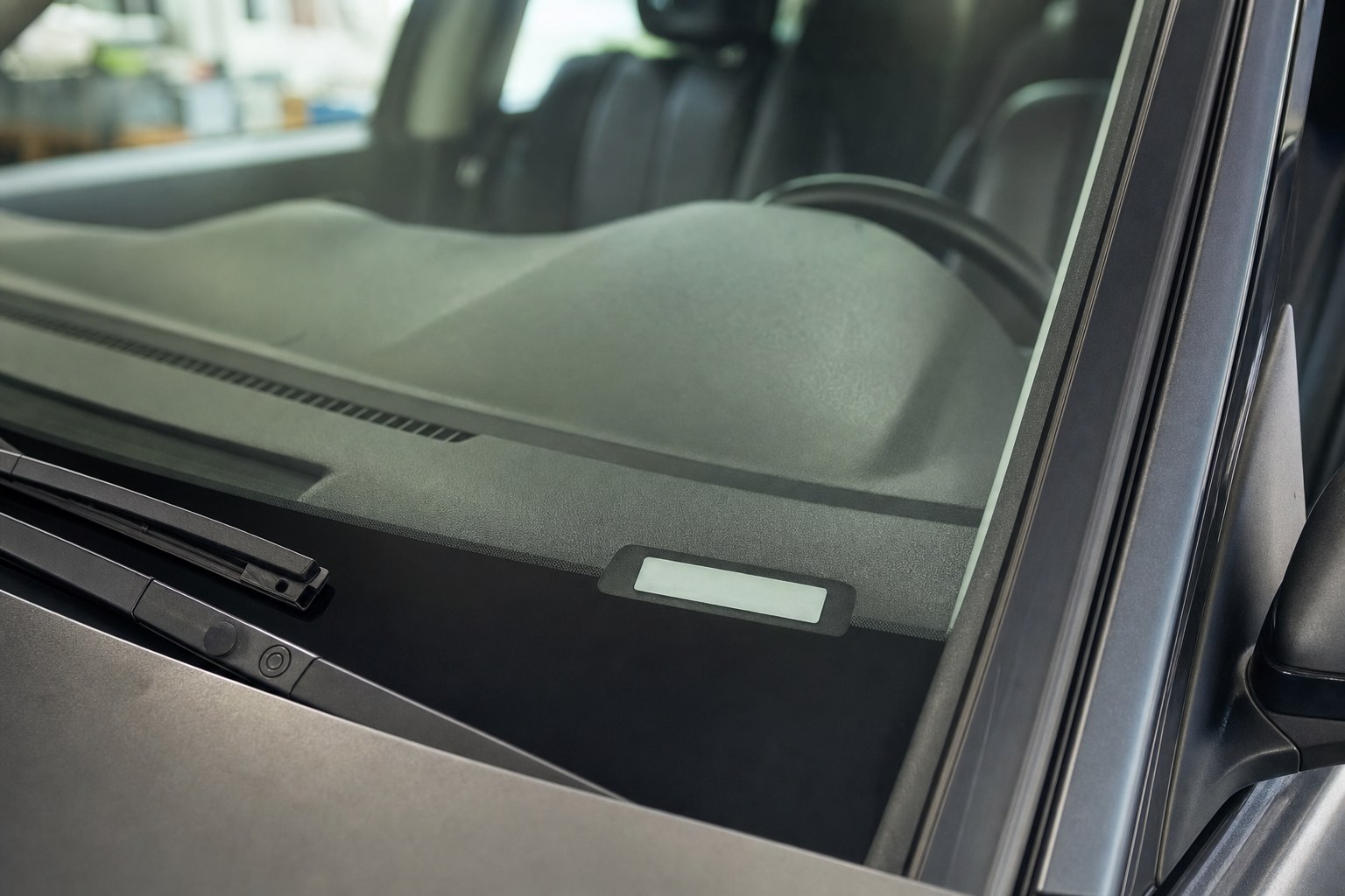Close view of a vehicle windshield and dashboard identification area