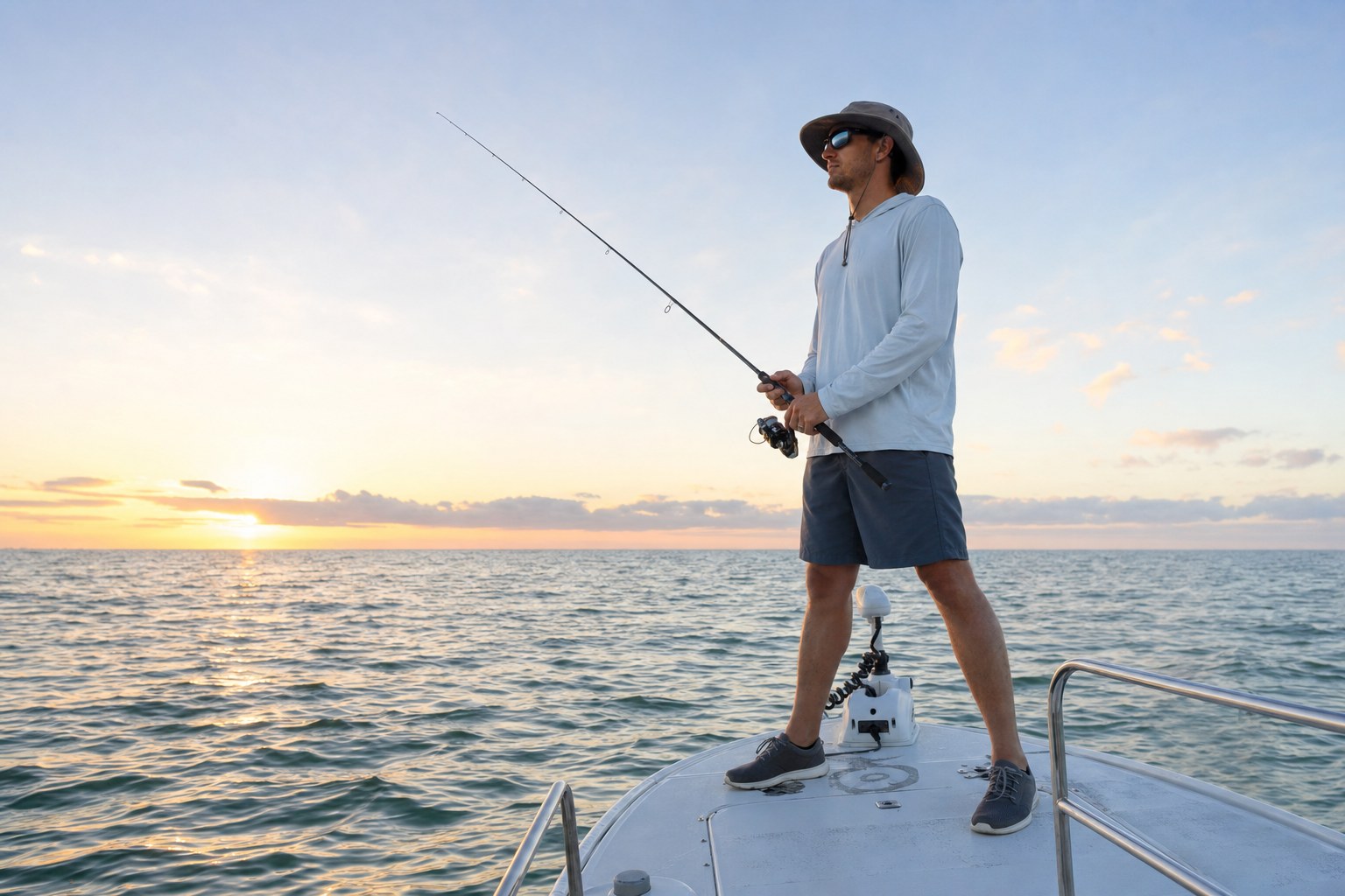 Angler in a lightweight sun shirt, brimmed hat, and deck shoes fishing from a boat at sunrise