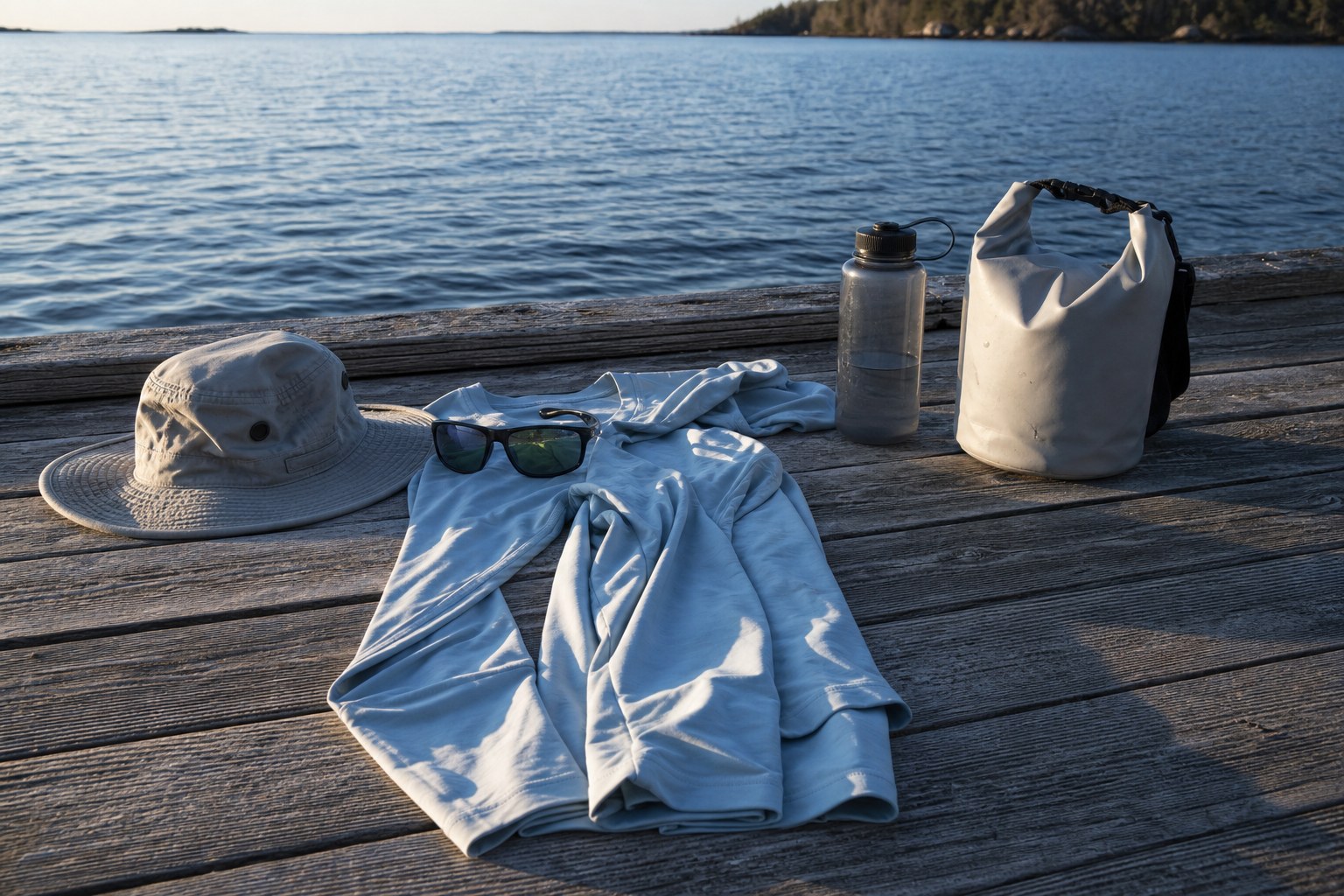 Fishing clothes, sunglasses, a hat, and a dry bag arranged on dock boards