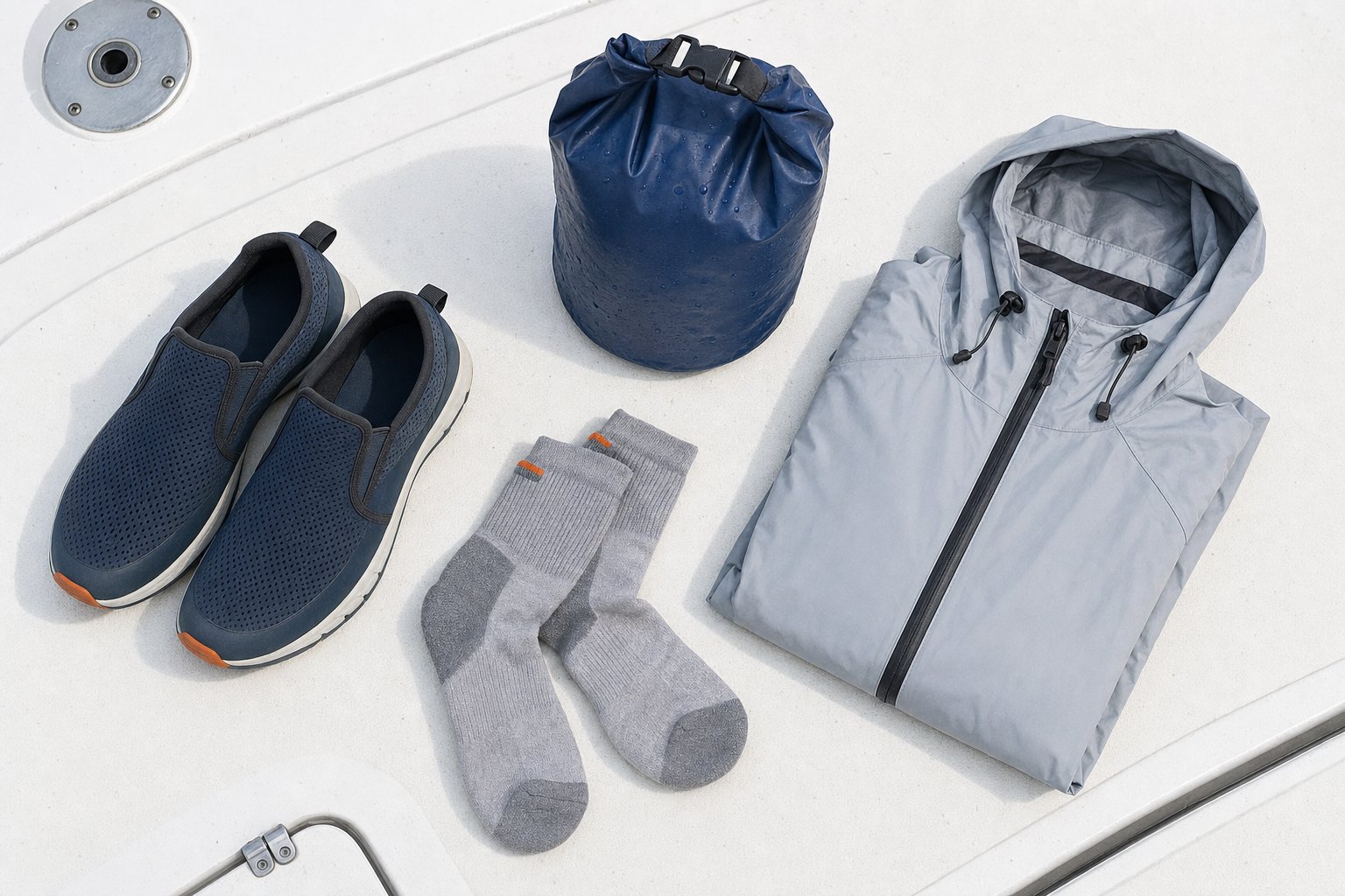 Closed-toe deck shoes, dry bag, socks, and a folded rain shell arranged on a boat deck