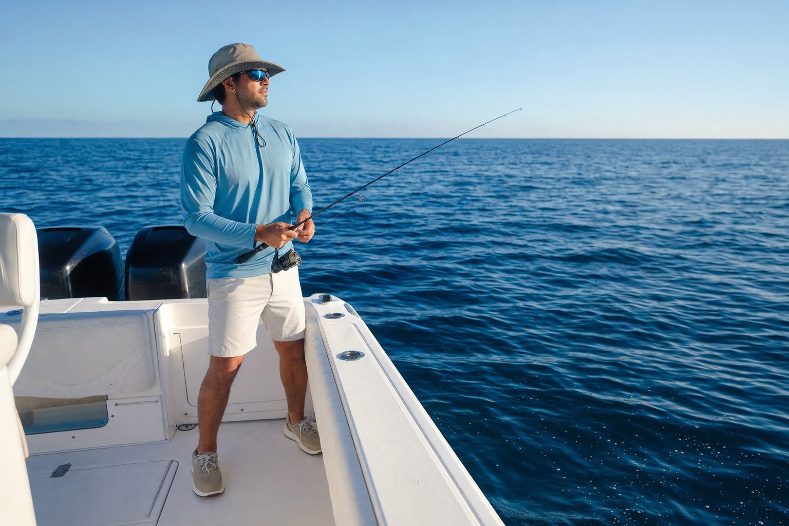 Angler in sun-protective clothing fishing from an offshore boat
