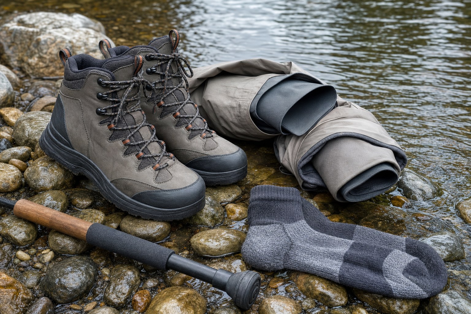 Wading boots, rolled wader cuffs, socks, and a wading staff on wet river stones