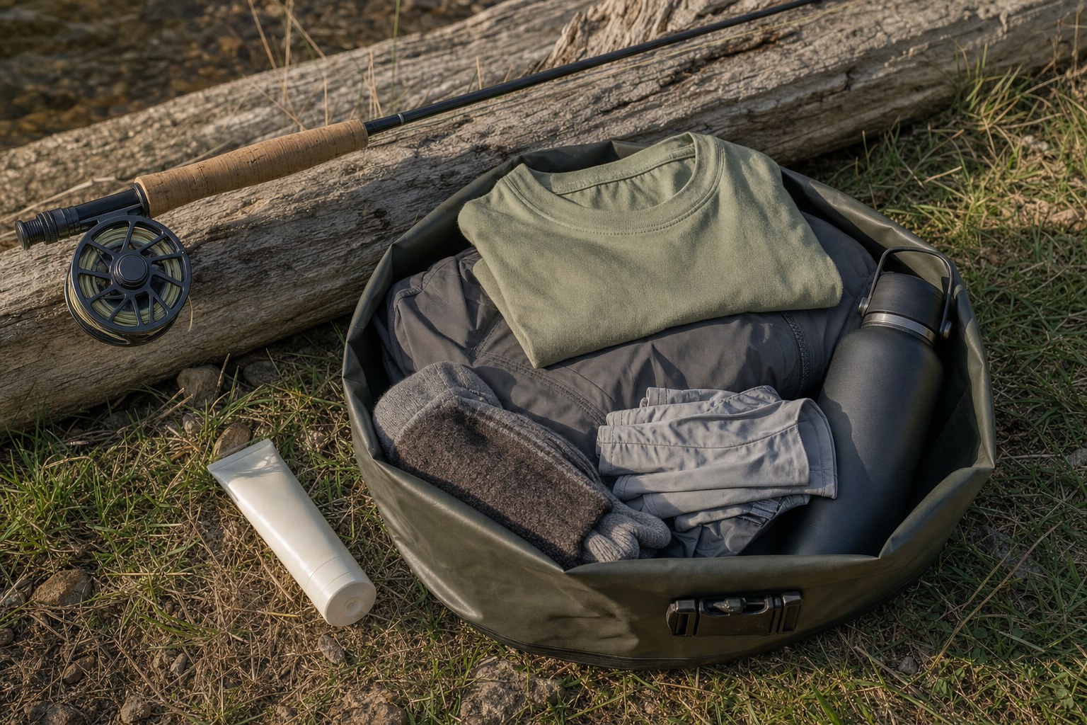 A dry bag packed with a rain shell, spare socks, gloves, water bottle, sunscreen, and folded shirt beside a fly rod