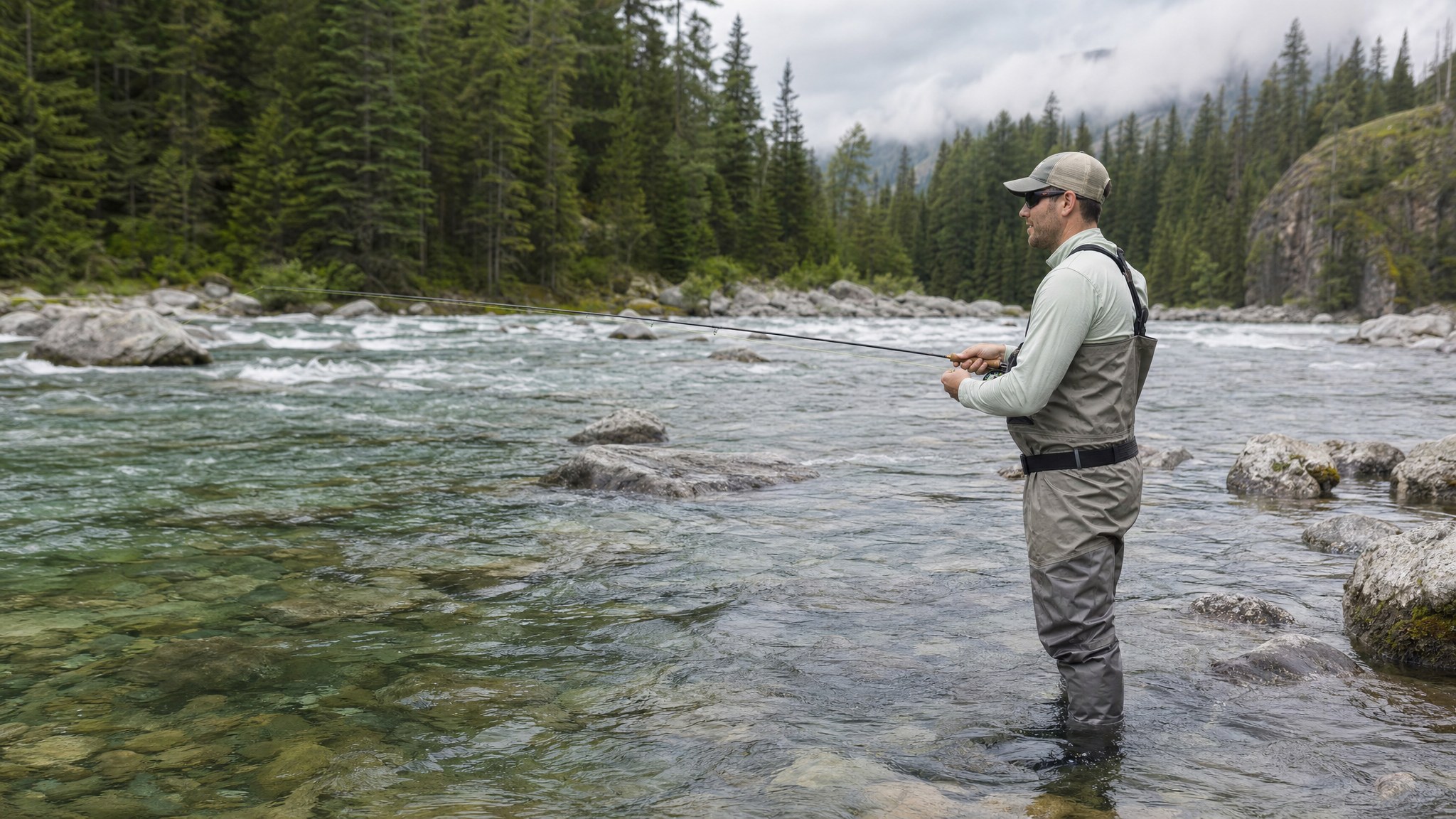 Fly angler wearing waders and layers in a clear mountain river