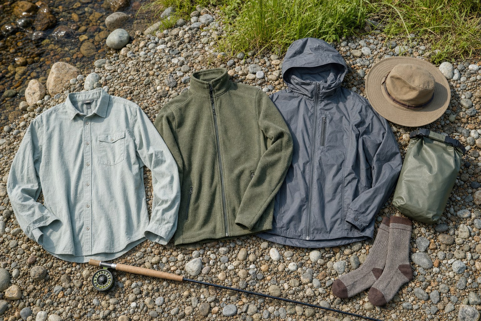 Light shirt, fleece, rain shell, socks, hat, and dry bag laid out on a gravel riverbank