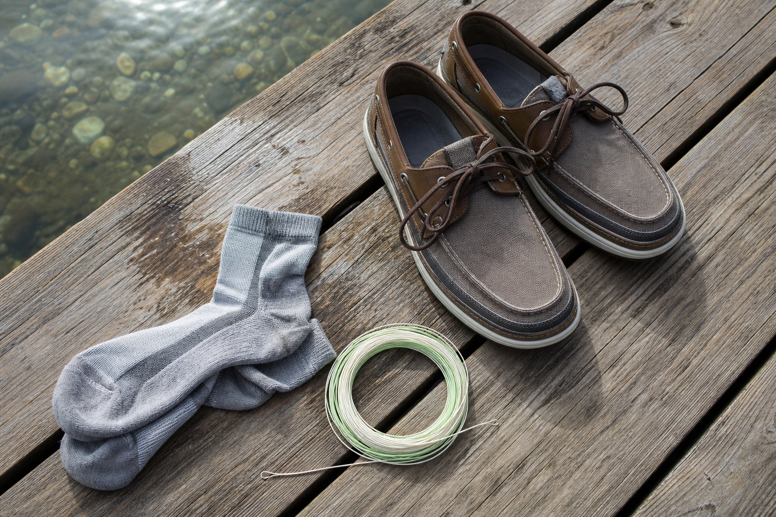 Non-slip deck shoes, quick-dry socks, and fishing line on weathered dock boards