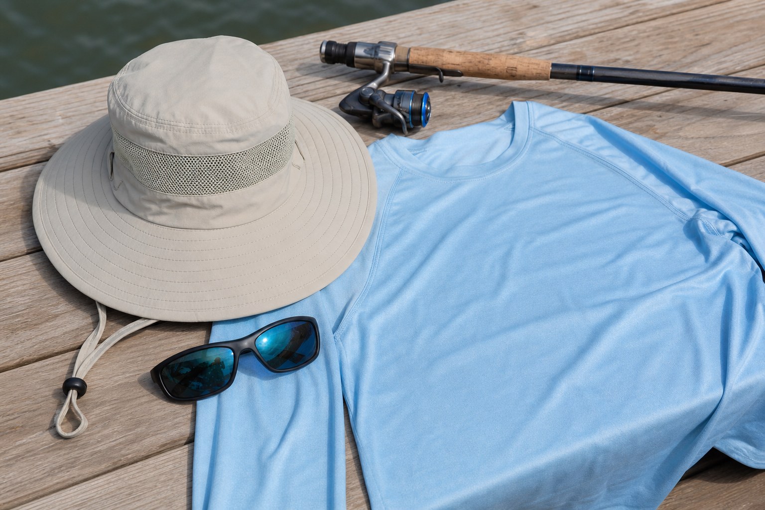 Wide-brim fishing hat, sunglasses, and long-sleeve shirt arranged beside a fishing rod