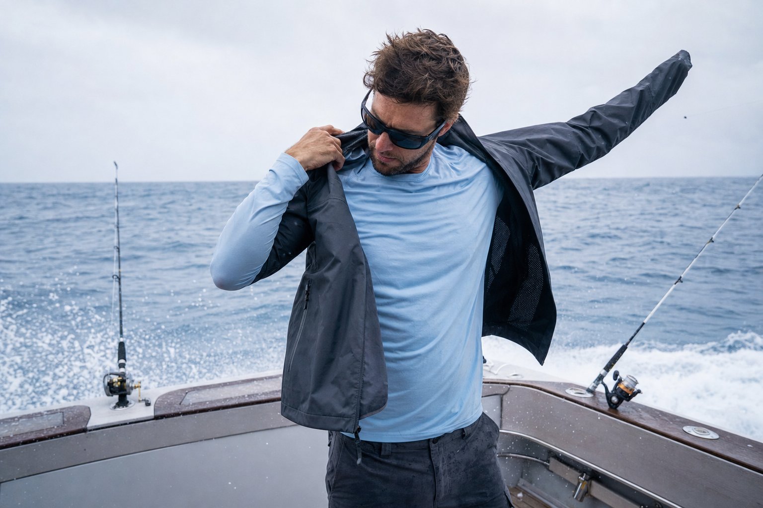 Angler adding a lightweight waterproof layer during an offshore boat ride