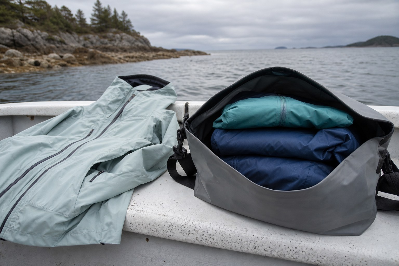 Light rain shell and warm layers packed in an open dry bag on a boat bench