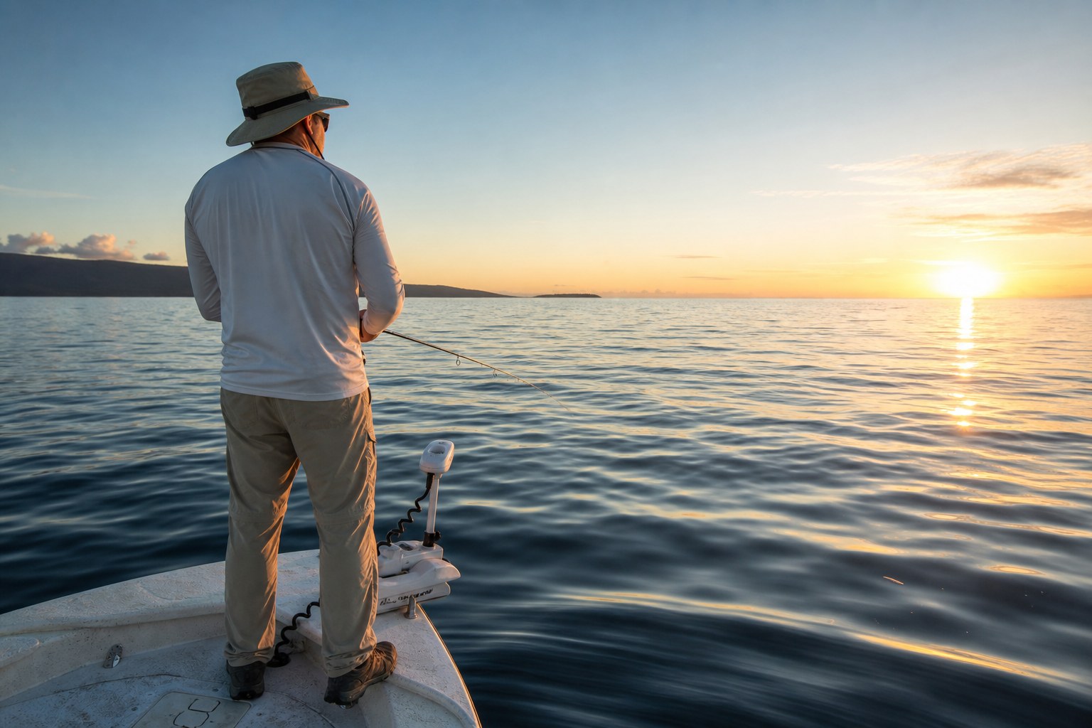 Angler in a long-sleeve shirt and hat fishing from a boat at sunrise