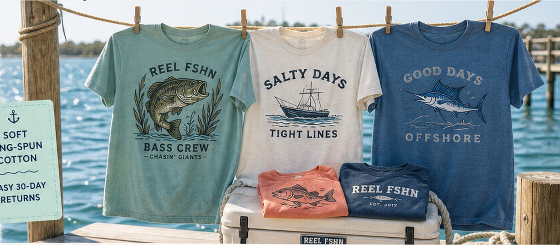 Fishing shirts hanging above a sunny marina