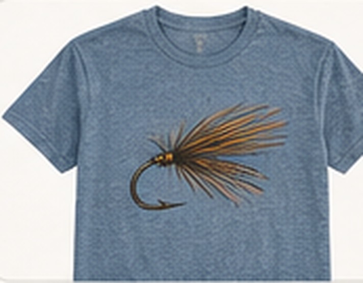 Blue fishing shirt with a hand tied fly illustration