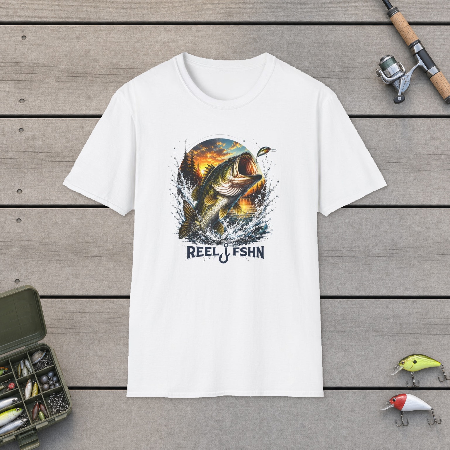 Bass Jumping Out of Water  T-Shirt on a wooden dock with a fishing rod, reel, tackle box, and two lures
