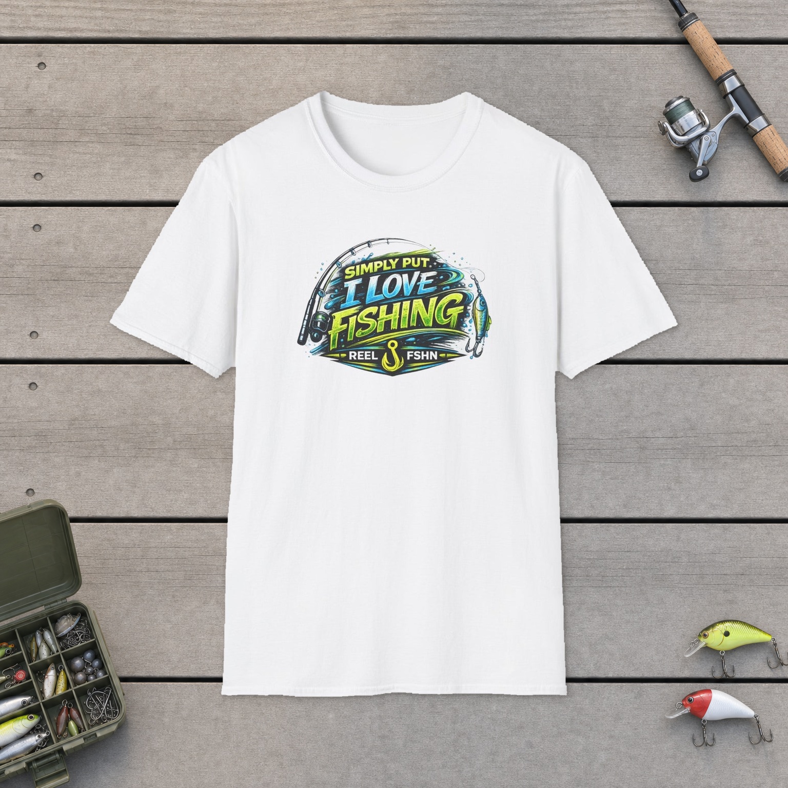 Simply Put I Love Fishing T-Shirt on a wooden dock with a fishing rod, reel, tackle box, and two lures