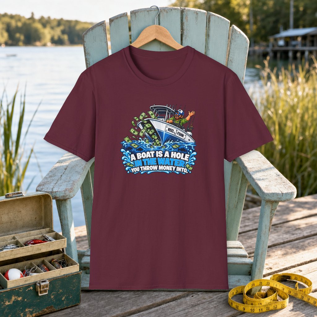 A Boat Is A Hole In The Water T-Shirt on a hanger on a seafoam fishing chair beside a lake, tackle box, and measuring tape