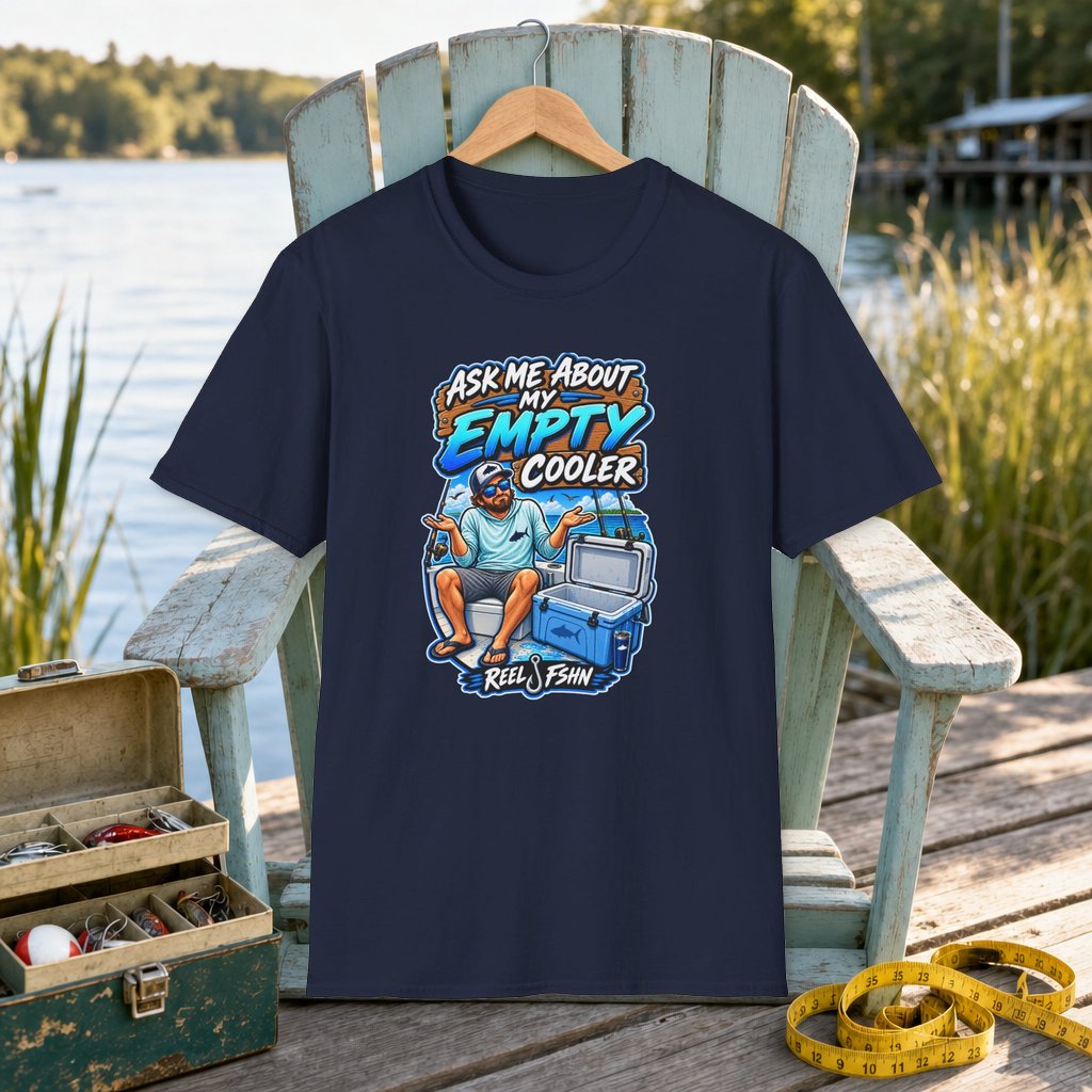 Ask Me About My Empty Cooler T-Shirt on a hanger on a seafoam fishing chair beside a lake, tackle box, and measuring tape