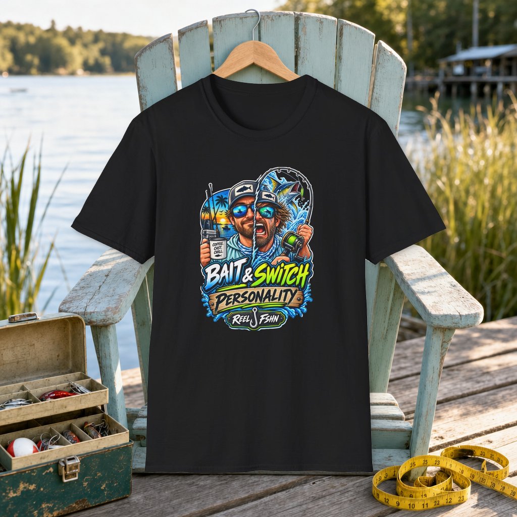 Bait & Switch Personality T-Shirt on a hanger on a seafoam fishing chair beside a lake, tackle box, and measuring tape