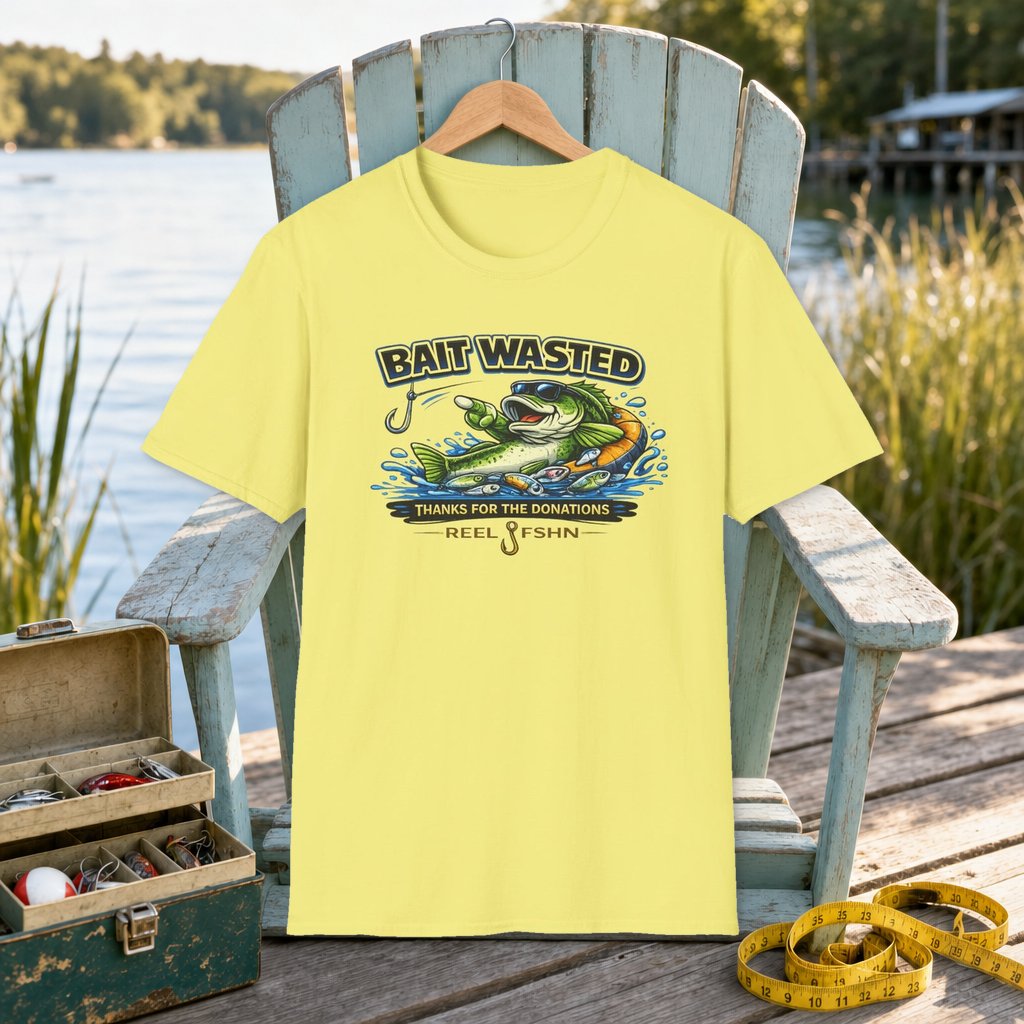 Bait Wasted Thanks For The Donations T-Shirt on a hanger on a seafoam fishing chair beside a lake, tackle box, and measuring tape