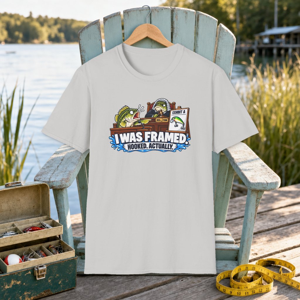 Bass, I Was Framed T-Shirt on a hanger on a seafoam fishing chair beside a lake, tackle box, and measuring tape