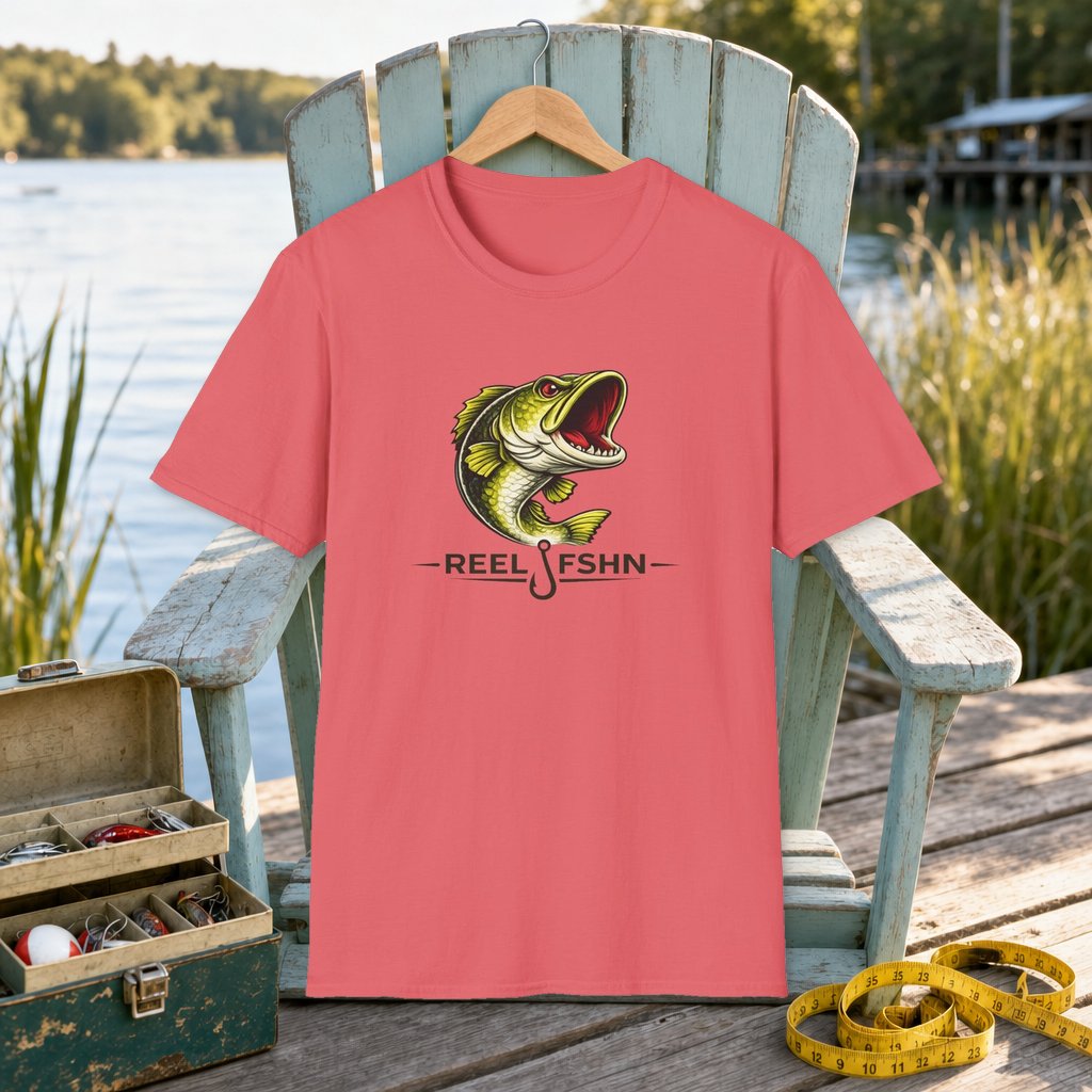 Bass  T-Shirt on a hanger on a seafoam fishing chair beside a lake, tackle box, and measuring tape