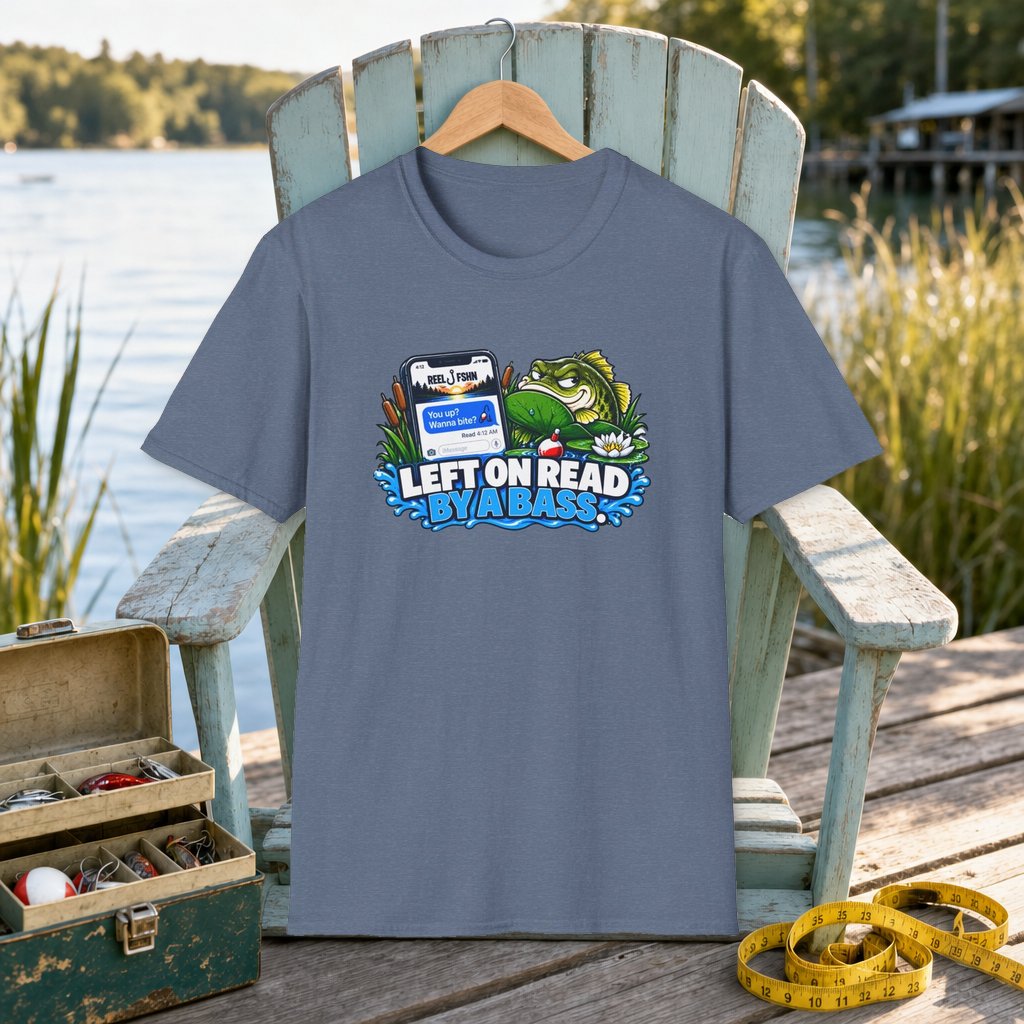 Bass Texting T-Shirt on a hanger on a seafoam fishing chair beside a lake, tackle box, and measuring tape