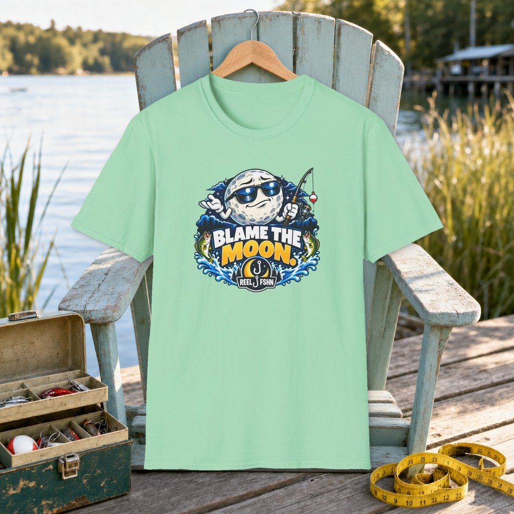 Blame The Moon T-Shirt on a hanger on a seafoam fishing chair beside a lake, tackle box, and measuring tape