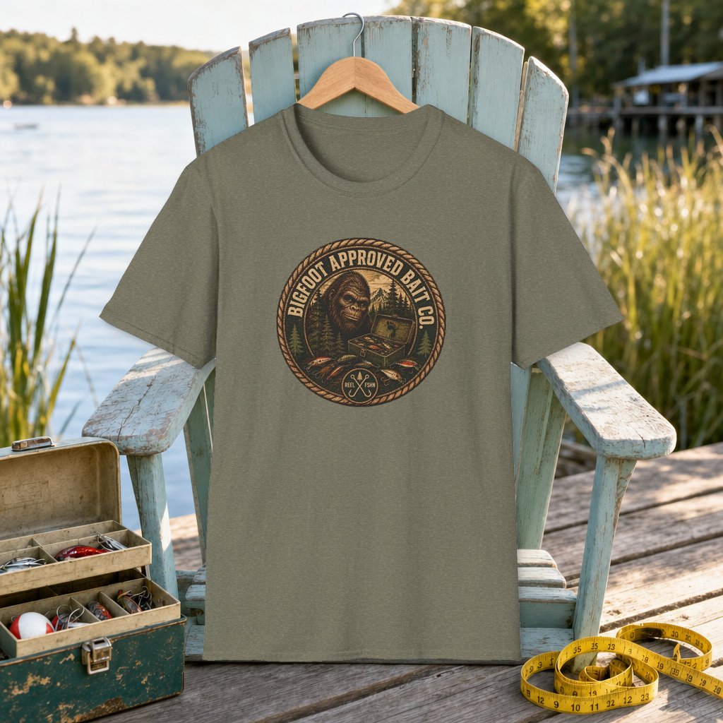 Bigfoot Approved Bait Co. T-Shirt on a hanger on a seafoam fishing chair beside a lake, tackle box, and measuring tape