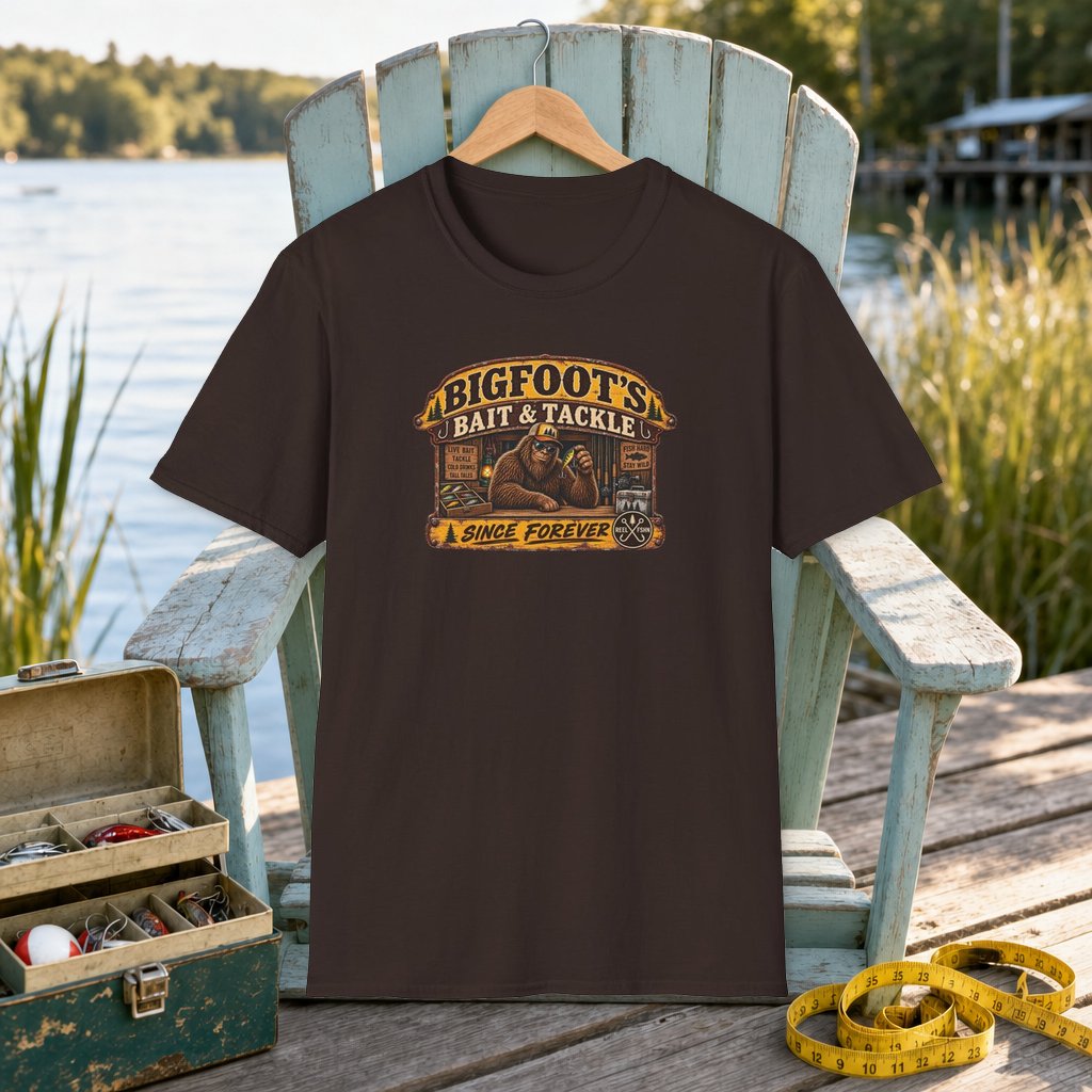 Bigfoot's Bait & Tackle T-Shirt on a hanger on a seafoam fishing chair beside a lake, tackle box, and measuring tape