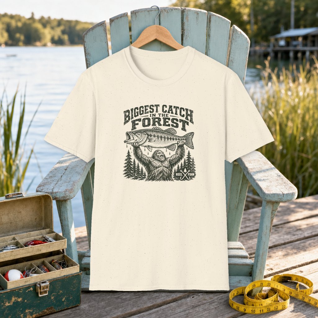 Biggest Catch In The Forest T-Shirt on a hanger on a seafoam fishing chair beside a lake, tackle box, and measuring tape