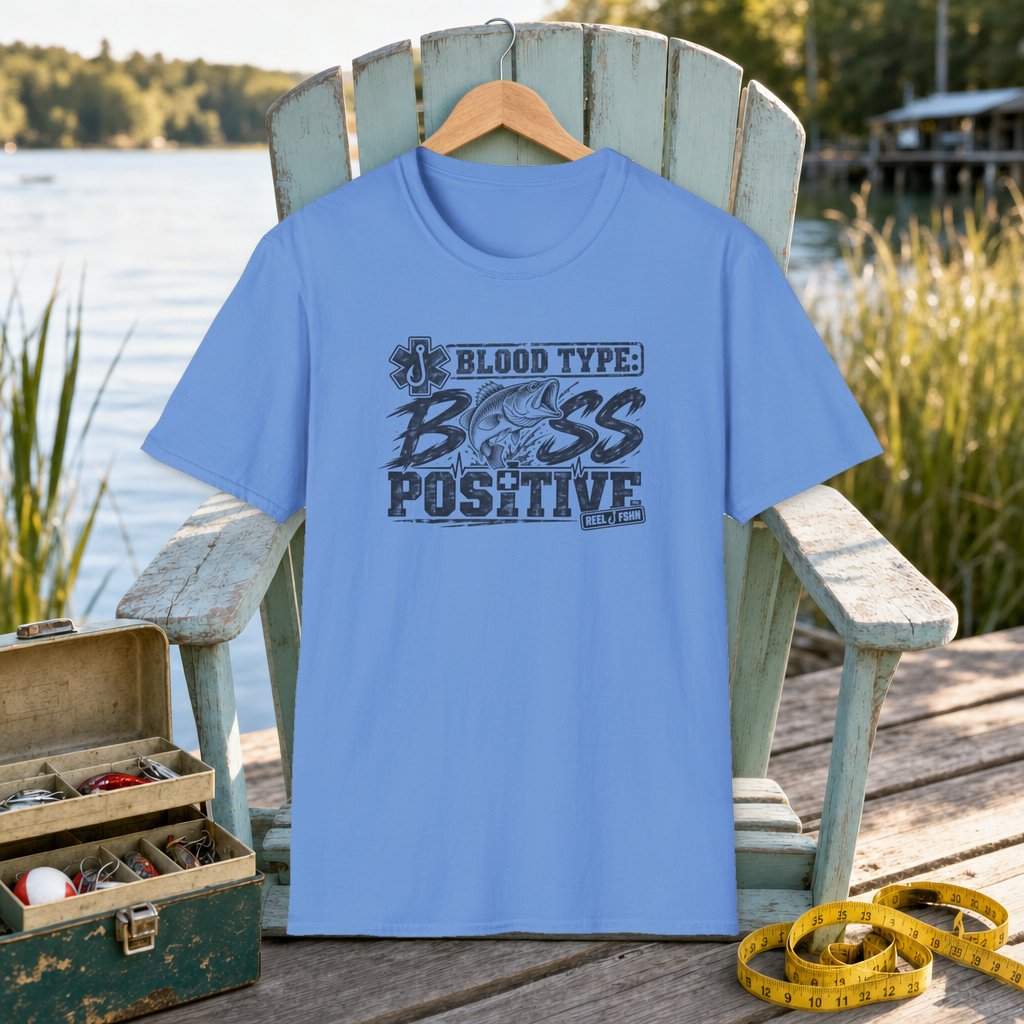 Blood Type Bass Positive T-Shirt on a hanger on a seafoam fishing chair beside a lake, tackle box, and measuring tape