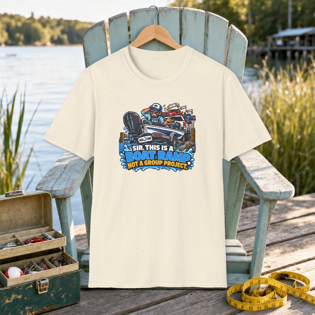 Boat Ramp Chaos T-Shirt on a hanger on a seafoam fishing chair beside a lake, tackle box, and measuring tape