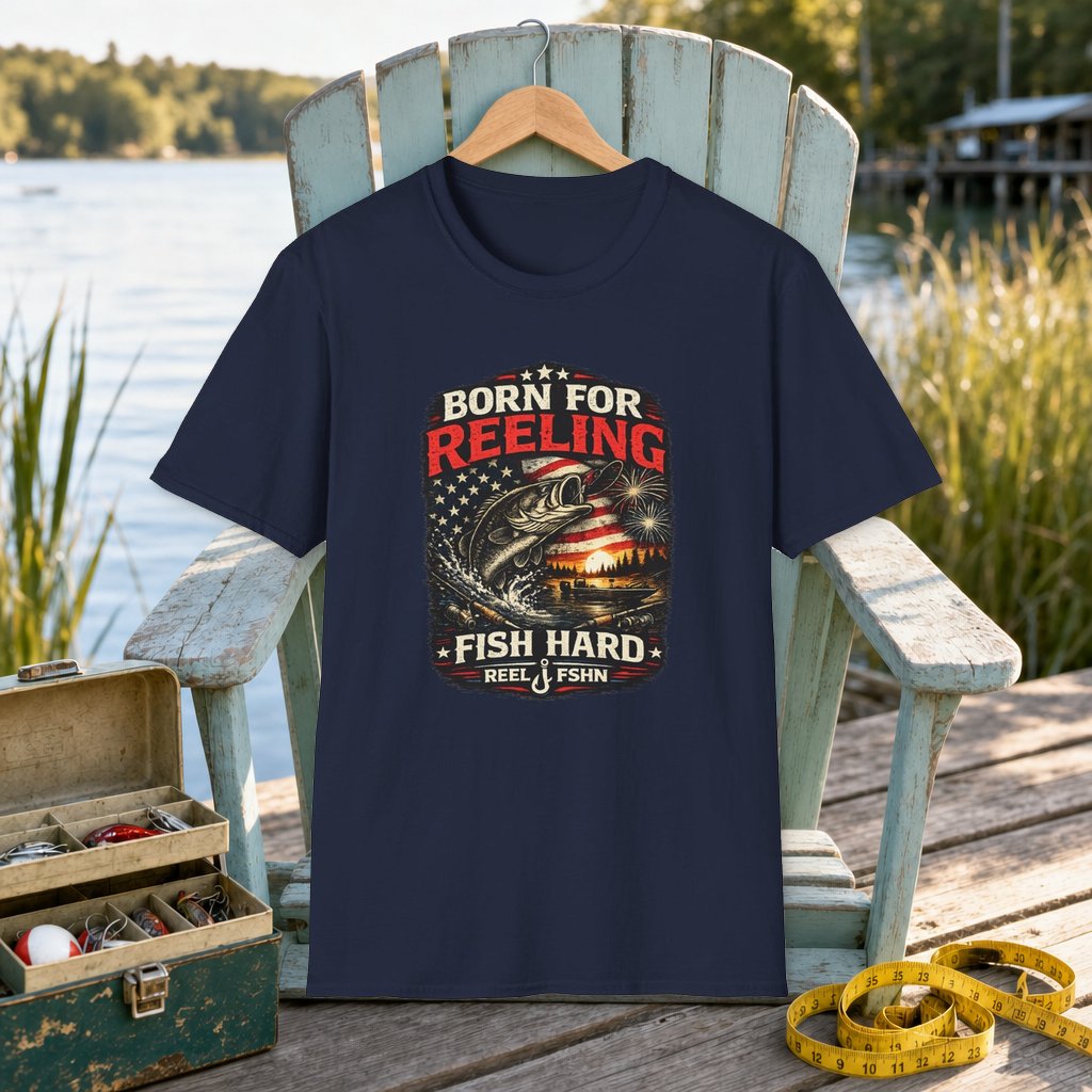 Born For REELING Fish Hard T-Shirt on a hanger on a seafoam fishing chair beside a lake, tackle box, and measuring tape