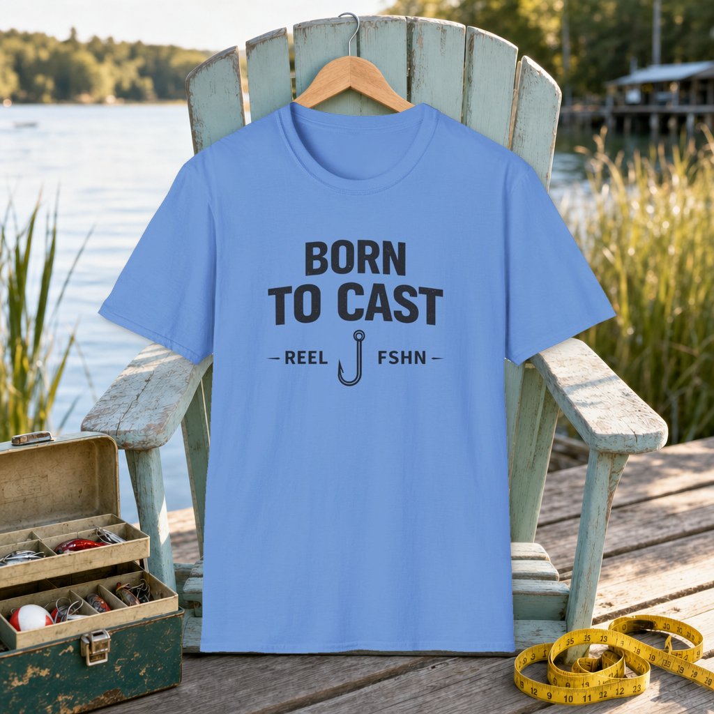 Born to Cast Fishing T-Shirt on a hanger on a seafoam fishing chair beside a lake, tackle box, and measuring tape