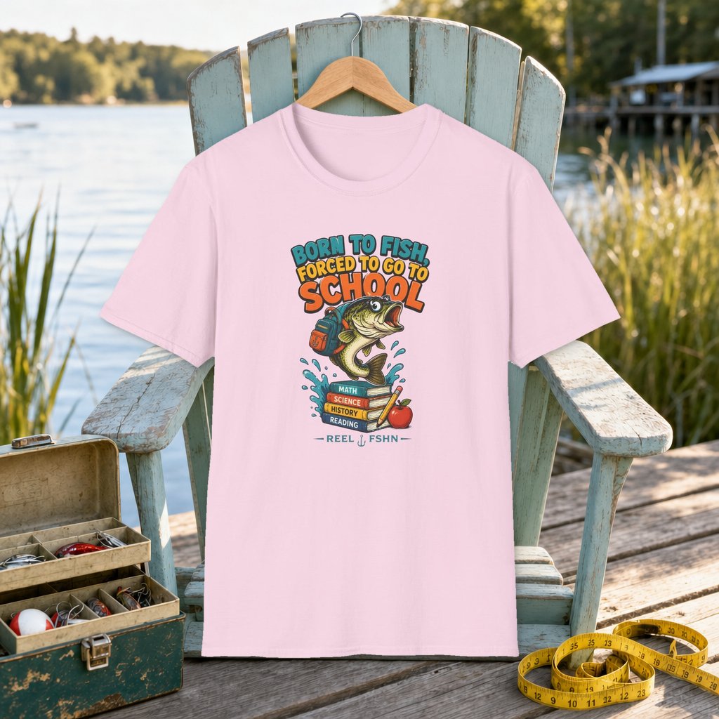 Born To Fish Forced To Go To School T-Shirt on a hanger on a seafoam fishing chair beside a lake, tackle box, and measuring tape