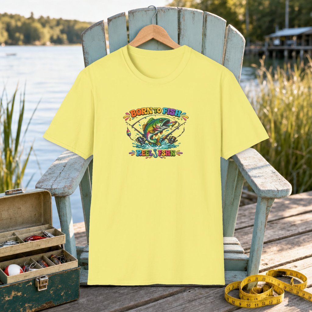 Born To Fish Funky Print T-Shirt on a hanger on a seafoam fishing chair beside a lake, tackle box, and measuring tape