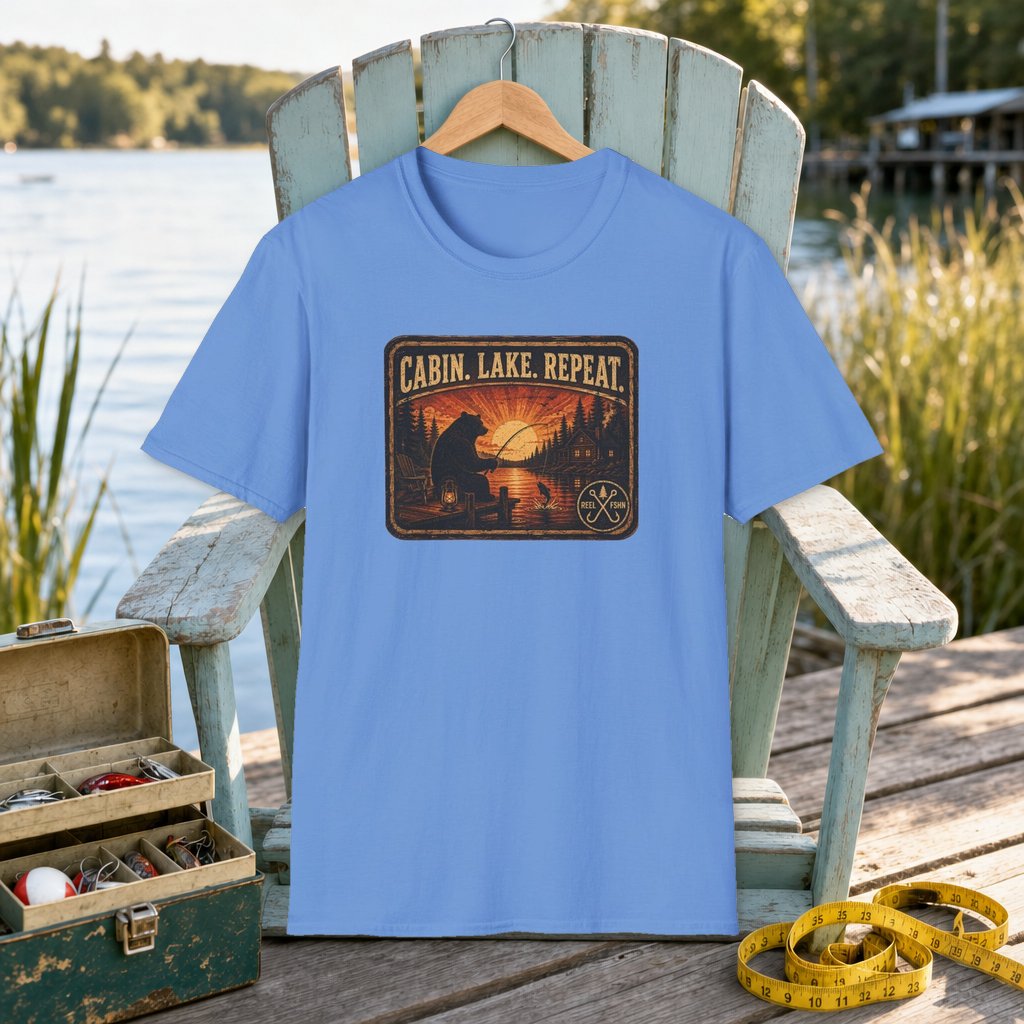 Cabin Lake Repeat T-Shirt on a hanger on a seafoam fishing chair beside a lake, tackle box, and measuring tape