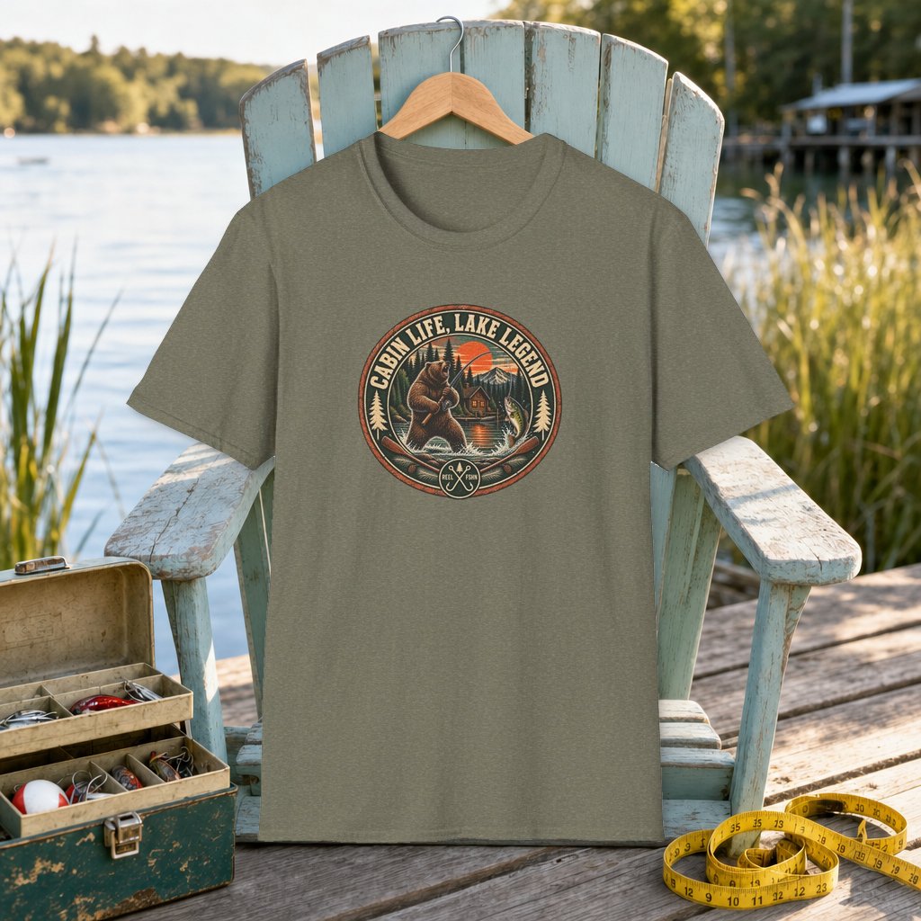 Cabin Life.  Lake Legend T-Shirt on a hanger on a seafoam fishing chair beside a lake, tackle box, and measuring tape