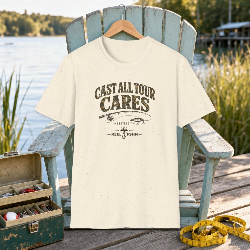 Cast All Your Cares T-Shirt on a hanger on a seafoam fishing chair beside a lake, tackle box, and measuring tape